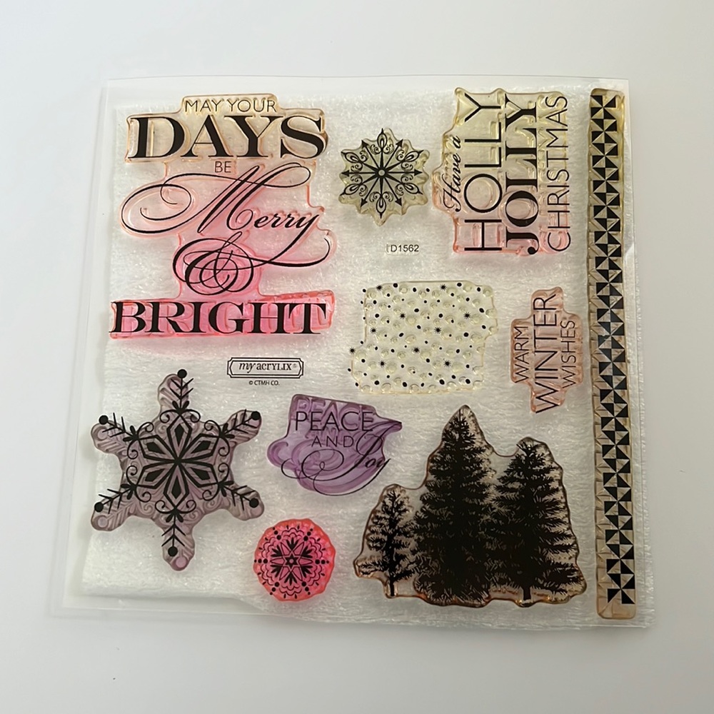 Retired CTMH stamp D1562, “Frosted card making Workshop”